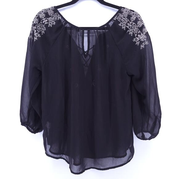 AEO American Eagle Boho Peasant 70s Black Sheer Embroidered Blouse Rope Tassel M - Picture 9 of 13